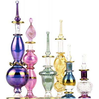 NileCart Egyptian Perfume Bottles 2-5 in Collection Set of 6 Mouth-Blown Decorative Pyrex Glass with Handmade Golden Egyptian Decoration for Perfumes & Essential Oils - BNLG5P7VR