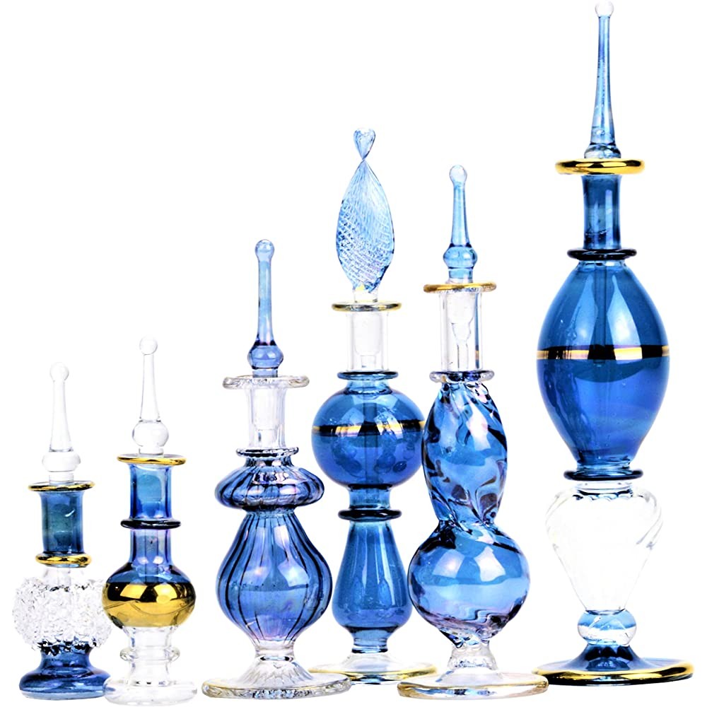 NileCart Egyptian Perfume Bottles All blue 2-5 in Collection Set of 6 Mouth-Blown Decorative Pyrex Glass with Handmade Golden Egyptian Decoration for Perfumes & Essential Oils - B6325DMZX