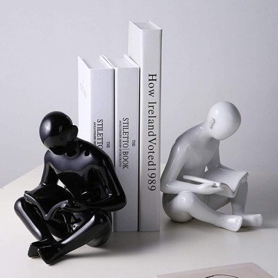 BIHOIB Black and White Decorative Reading Bookends for Shelves Ceramic Home Decor Statues and Sculptures,1 Pair - B70BL2D2X