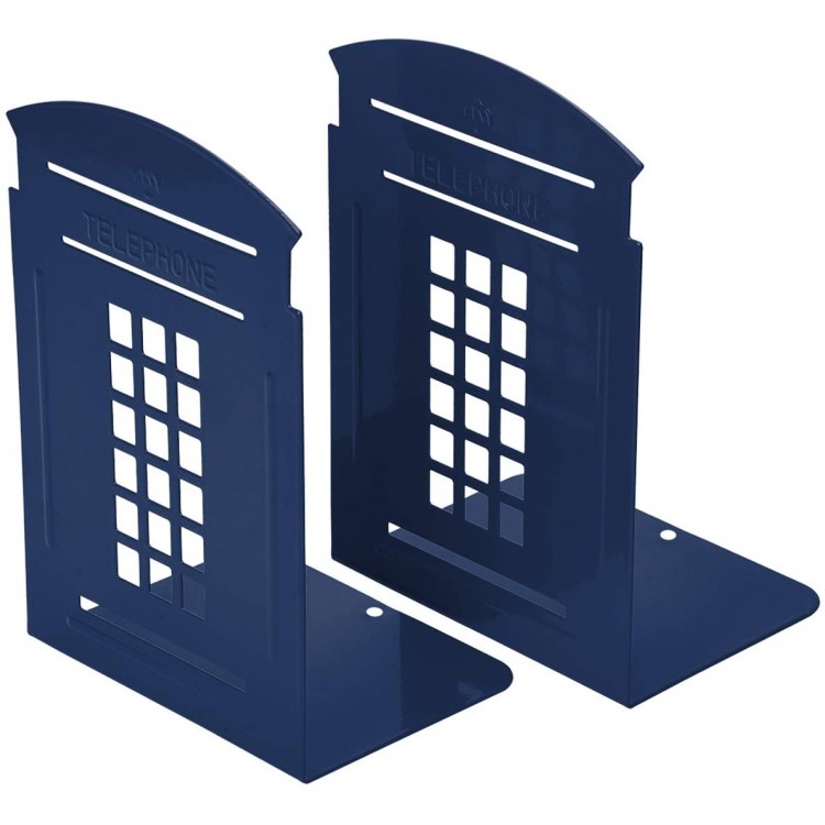 Bookends Blue MerryNine 1 Pair Heavy Metal Non Skid Sturdy Telephone Booth Decorative Gift for Bookshelf Office School Library - B0MIUKUXR