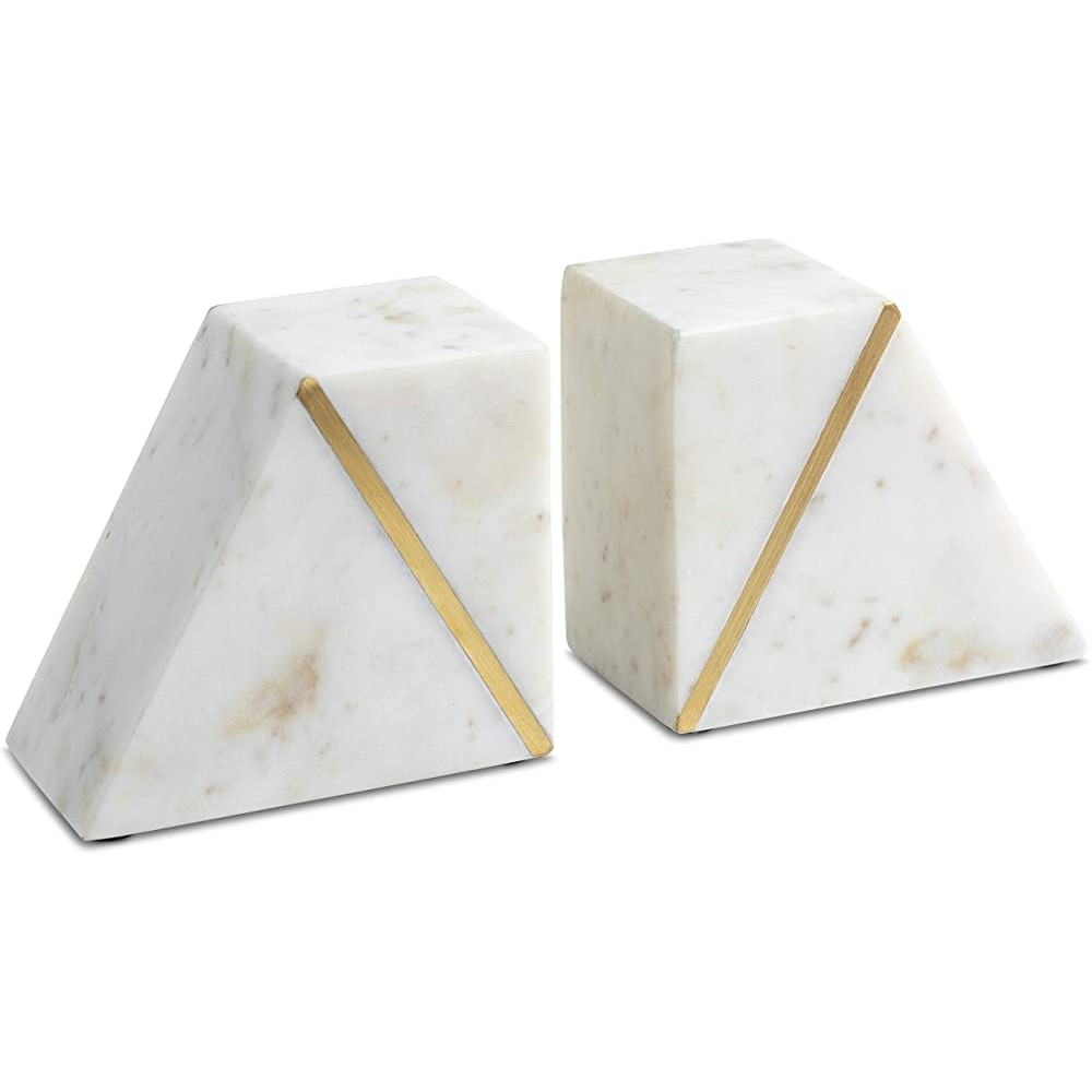 Cork & Mill Marble Bookends Set of 2 Heavy Decorative Book Stoppers with Non-Skid Bottom Handcrafted Solid Marble Bookshelf Decor White + Brass - B0JKJN0CE