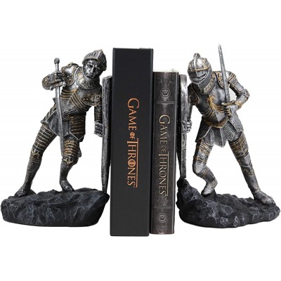 Ebros Dueling Medieval Crusader Knights with Giant Coat of Arms Heraldry Shields Bookends Statue Set 8.25" Tall Suit of Armor Swordsman Knight Age of Kings Decorative Book Ends Sculptures - BN62URFOA