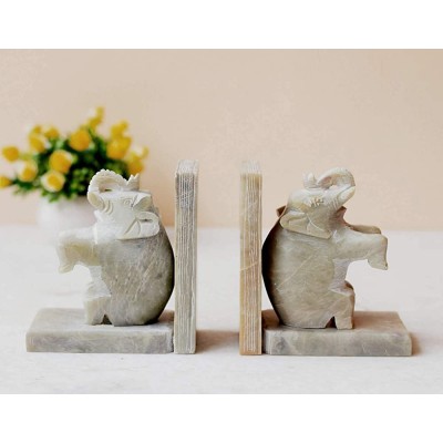 Elephant Design Bookends Hand Carved Soapstone Decorative Bookend Home Décor Book Ends - BPE4XL47Y