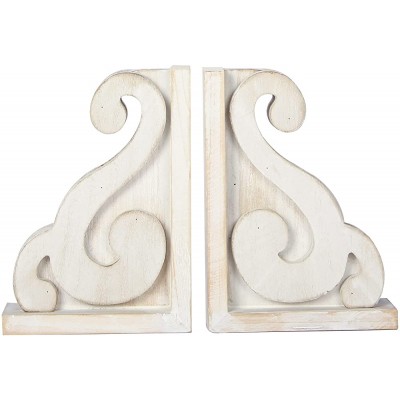 GENMOUS & CO. Rustic Distressed Vintage Scroll Corbel Bookends Farmhouse Whitewashed Wood Decorative Bookends Set of 2 - BXITUNFN2