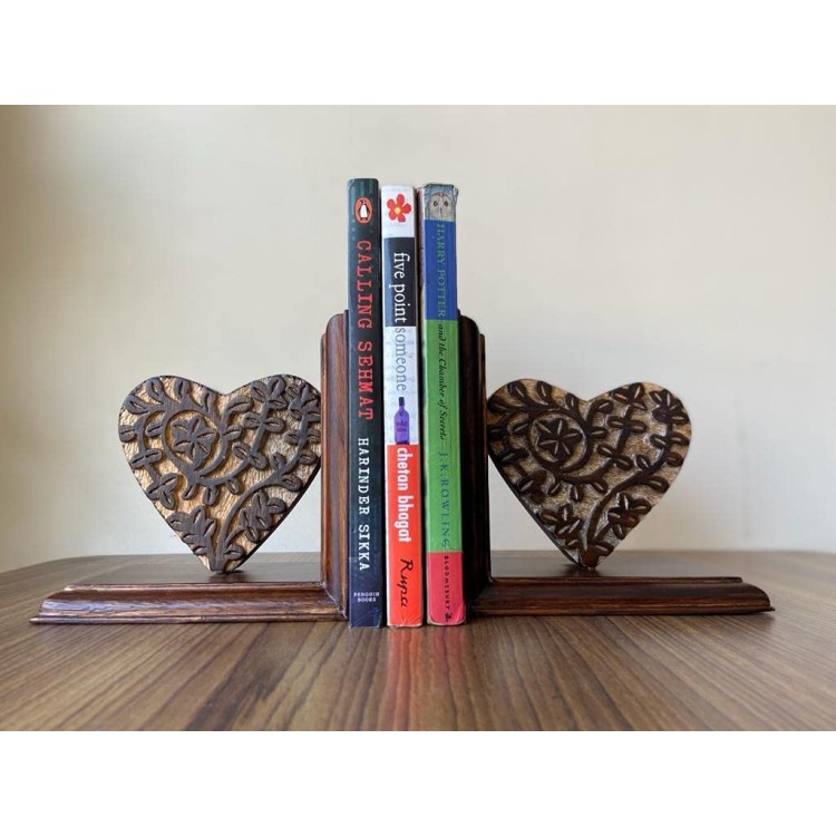 Heart Shape Wooden Designer Book Ends to Hold Books Decorative Bookends for Shelves Desk Bookshelf Bookend Holder Luxury Art Book Stand Retro Antique Style Bookshelf Bookcase Wooden,1 Pair - BY3Y2295O