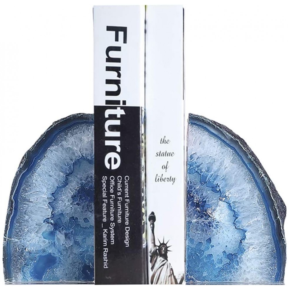 JIC Gem Dyed Blue Agate Bookends 2 to 3 Lbs Polished Geode 1 Pair with Rubber Bumpers for Office and Home Decoration Small Size - BHDWMQ83U