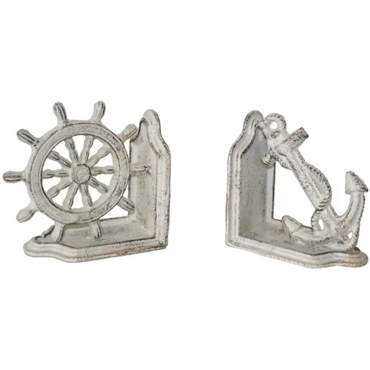 JUCONSIN Nautical Coastal Marine Home Decor Ship Anchor and Captain's Helm Wheel Bookends Pair Set Antique White Book Ends Heavy Book Supports Vintage Shelf Decor - B2JSALA0T