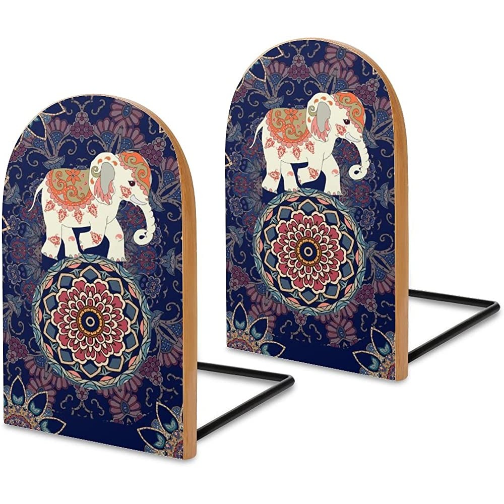 NFGSE Vintage Mandala Flower Elephant Ball Wooden Non-Skid Bookends Home Decorative Book Ends 1 Pair 2 Pieces Book Ends Supports for Library Books Movies DVDs Magazines Video Games - BP791QTE7