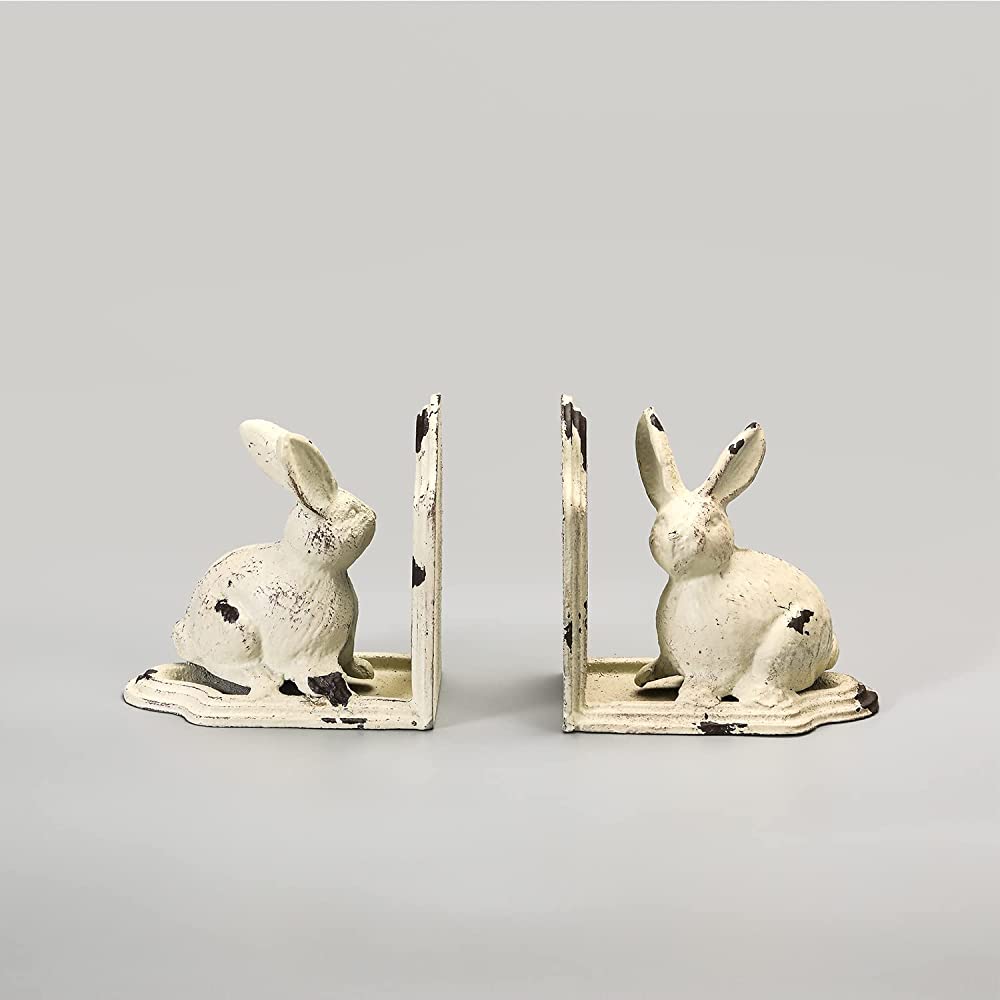 Retrome Rabbit Bookends 1 Pair Bunny Book Ends Distressed White - BSNTWXF2P