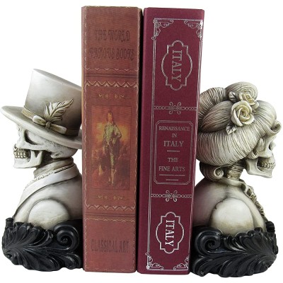 World of Wonders Cameo Decorative Bookend | Victorian Gothic Home Decor | Madam and Count Cameo Skeleton Bookshelf Figurines | Vintage Room Decor 7" - BH3M8WM34