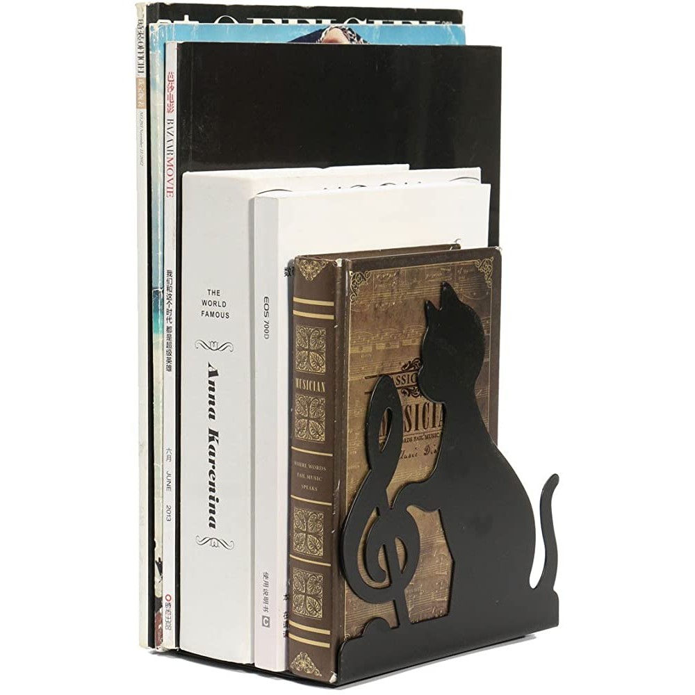 Xiaolanwelc 1 Pair Metal Book Cat Bookend Holder Iron Cute Animal Music Themed Black Cat Playing Violin Bookend - BUU3I1WSF