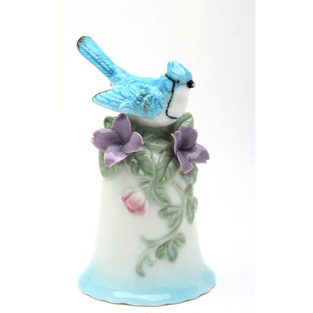 Cosmos Gifts Fine Elegant Porcelain Blue Jay with Violet Flowers Bell 4 H - BDDWHFGJ7