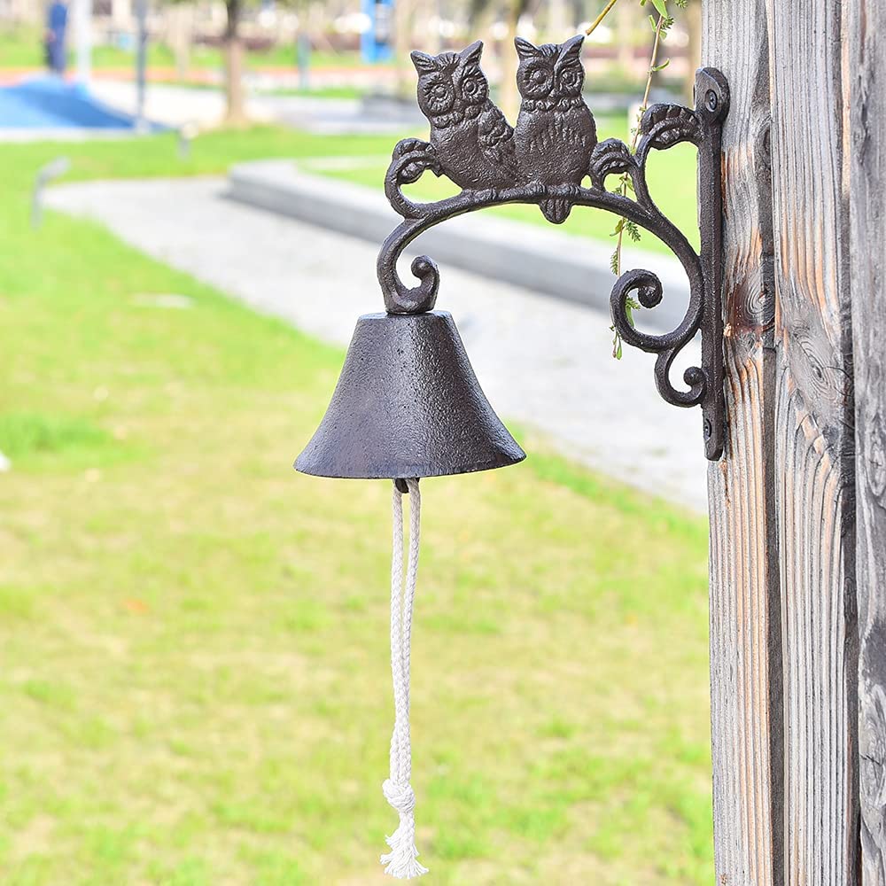 Sungmor Heavy Duty Cast Iron Wall Bell Decorative Retro Style Lovely Owls Hand Bell Manually Shaking Wall Hanging Doorbell Indoor Outdoor Wall Mounted Dinner Bell Garden Home Wall Decoration - BNIPEUWZN