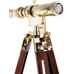Gold-Toned & Brown Brass Telescope With Wooden Tripod Stand - BKKUDPQMC