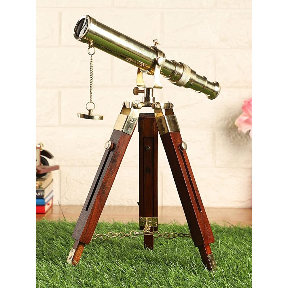 Gold-Toned & Brown Brass Telescope With Wooden Tripod Stand - BKKUDPQMC