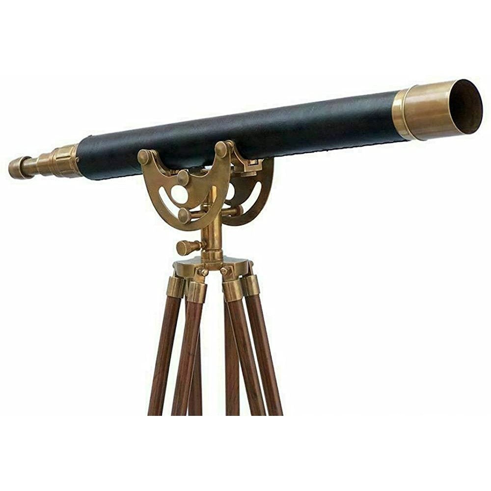 Nautica Art Antique Nautical Brass Leather Telescope with Wooden Tripod Stand Decor - B5NQ59QF9