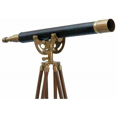 Nautica_Art Antique Nautical Brass Leather Telescope with Wooden Tripod Stand Decor - B5NQ59QF9