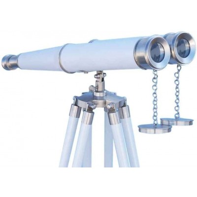 Nautical Floor Standing with Decorative Binoculars 62" Brushed Nickel White Leather Telescope Brass Marine Scope Telescope with Wooden Adjustable Tripod Stand Home - B9BP927X5