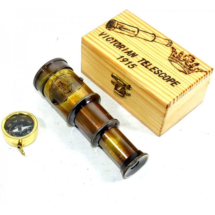 Nautical Gift Decor Antique Brass Vintage Spyglass Telescope Pirate Collectible Wooden Box - B8TVTGEF6