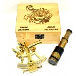 Nautical Gift Decor Vintage Antique Style Solid Brass Sextant Wood Box Brass Telescope - BPA6ARRF4