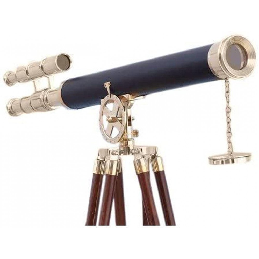 NauticalMart Nautical Decor Floor Standing Brass Leather Griffith Astro 64 Telescope with Free Gold Wire Basket - BM4ZH4TQ0