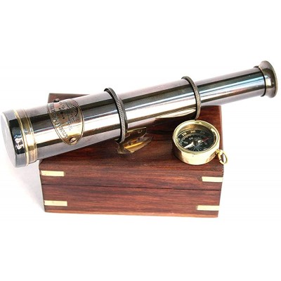 sadaf nautical store Brass 6" Handheld Brass Telescope with Compass Pirate Navigation Wooden Box - B9HLI6SFL