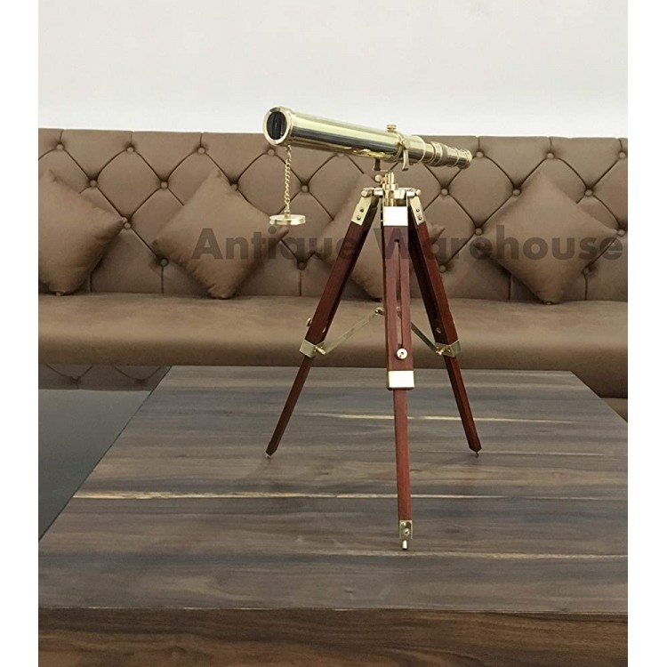 Solid Brass Telescope with Wooden Tripod Handmade Nautical Spyglass Marine Pirate Scope Home Balcony View Gift Decorative - BQ2OQ1TFH