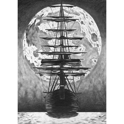 Drawn2Draw Pirate Ship Wall Decor Full Moon Wall Art Pencil Drawing Print Poster Black and White Nautical Ocean Scene - BE64L9RK0