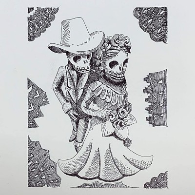 "Eternal Love" Day of the Dead Original Pen and Ink Drawing. Day of the dead decorations.Day of The Dead Skull-La Catrina Mexican Skeleton- Halloween Decorations-Decor Wall Art-Skeleton Decor - BZPCXLZDF