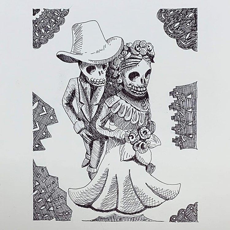 Eternal Love Day of the Dead Original Pen and Ink Drawing. Day of the dead decorations.Day of The Dead Skull-La Catrina Mexican Skeleton- Halloween Decorations-Decor Wall Art-Skeleton Decor - BZPCXLZDF