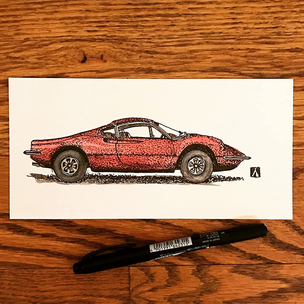 KillerBeeMoto: Original Pen Drawing With Water Color of Vintage Dino 246 Sports Car - BUX7RZLML
