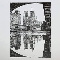 Notre Dame de Paris Cathedral Paris from the Seine Original drawing by tag+art. Cityscape drawing. Art Wall Decor. Office Decor. - B4VYFTAER