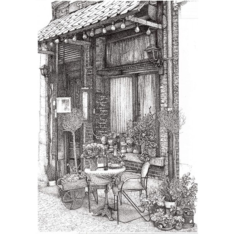 Printed art wall Black and white drawing stippling pointillism artwork Mistral coffee shop - BBE6E12PU