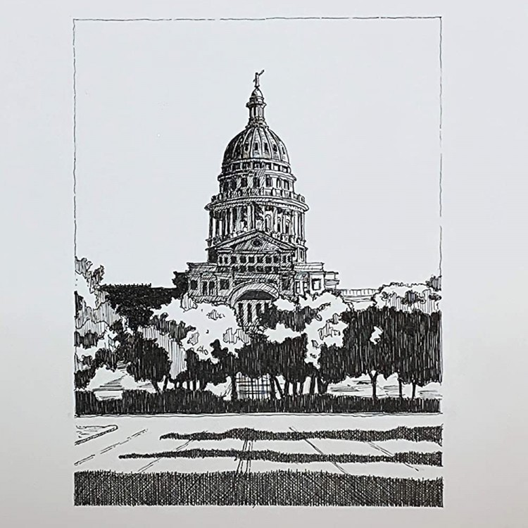 Texas Capitol from Congress Avenue Austin TX. Art Print by tag+art. Cityscape drawing. Art Wall Decor. Office Decor. - BPJ5A6HTO