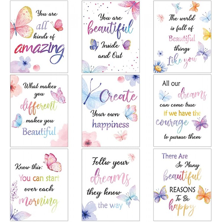 9 Set Watercolor Butterfly Inspirational Quote Wall Poster Prints 8 x 10 Inch Butterfly Motivational Saying Girls Room Decor Butterfly Pictures Wall Decor Butterfly Wall Decals with 30 Glue Point Dots - BS32B5ETR