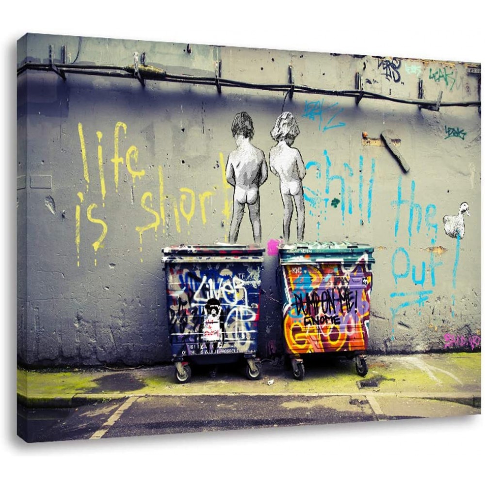 AGCary Graffiti style Banksy Wall Decor Colorful Figure Street Graffiti Poster Print Oil Paintings Canvas Reproduction Ready to Hang 16 x 12 Life is short chill the duck out Framed - BD8QTGPX6