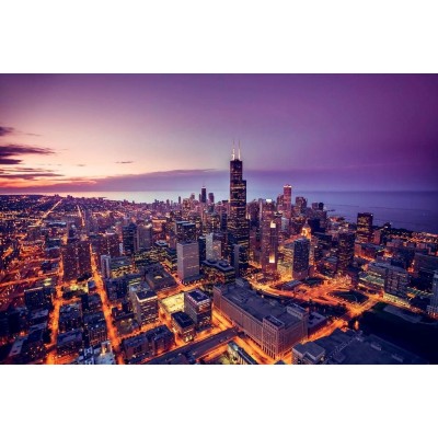Chicago Illinois Skyline at Sunset Aerial View Willis Tower City Photo Beach Palm Landscape Pictures Ocean Scenic Scenery Nature Photography Paradise Scenes Cool Wall Decor Art Print Poster 36x24 - BGR2E3H56