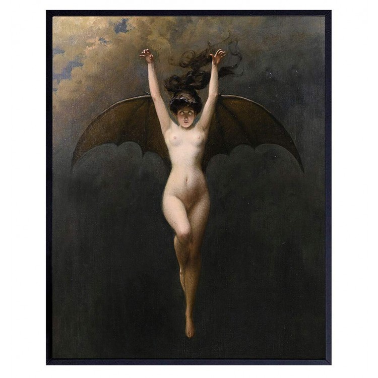 Gothic Bat Woman Wall Decor Bat Decorations Wall Art Creepy Vintage Retro Gift for Women Men Wiccan Wicca Witch Mystical Occult Medieval Fans Goth Replica Painting Picture Poster Print - BPC3215ZE