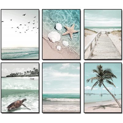 Ocean Beach Poster Prints Canvas Artwork Sea Stars flying birds sea turtle art plam prints Unframed Set of 6 Pieces H-6pieces Unframed,12"x16" - BGGFXBUVH