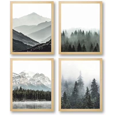 PoyBux Design Set Of 4 UNFRAMED 8''x10'' Natural Mountain Wall Art Poster Prints Green Foggy Mountains Nature Wilderness Photography Abstract Rustic Aerial Prints Home Artwork Decoration for Living Room,Bedroom Misty Forest Print Nature Po