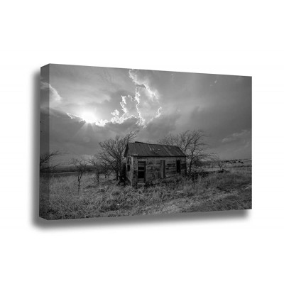 Rustic Country Canvas Wall Art Black and White Gallery Wrap of Abandoned Farm House on Kansas Prairie Ready to Hang Farmhouse Photo Artwork Decor 8x10 to 30x45 - BZ4UJ3P33