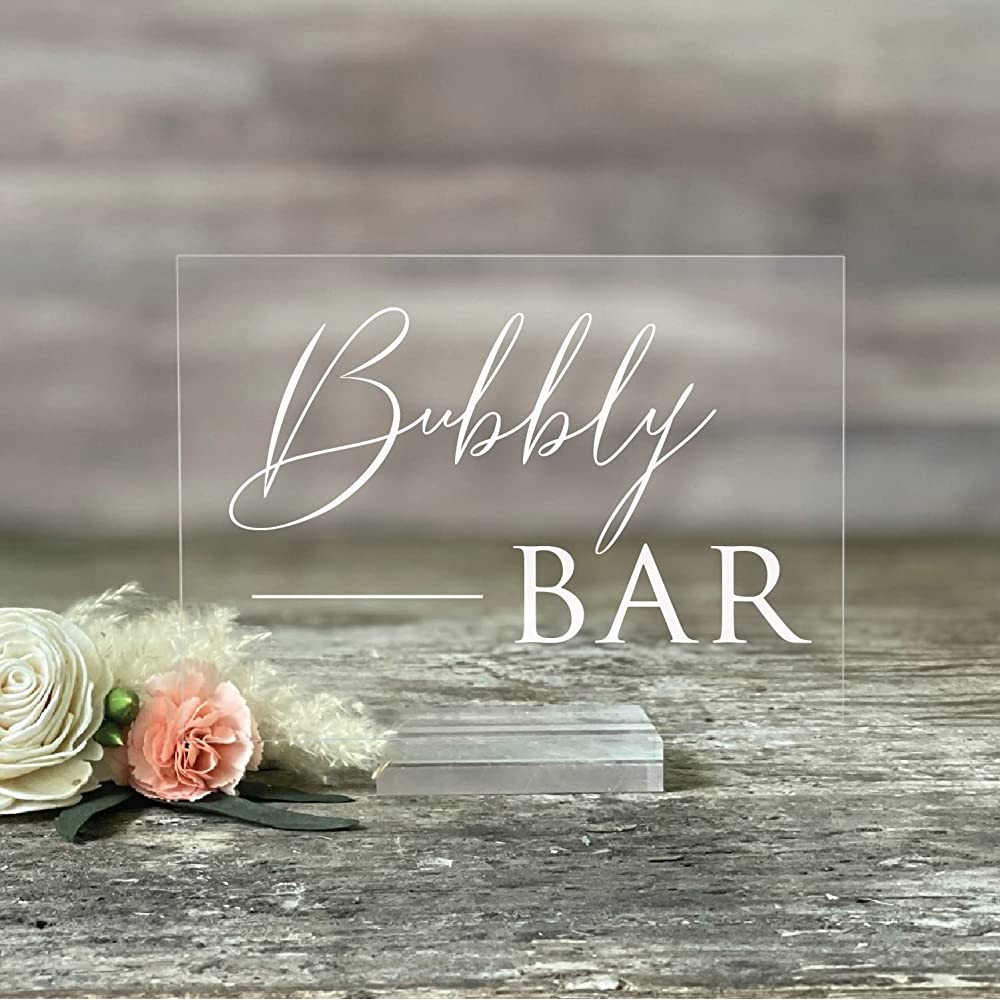 Acrylic Wedding Sign: Bubbly Bar Wedding Sign for Guests – Clear Acrylic Sign w Stand – Open Bar Sign Free Drink Sign Rustic Wedding Decorations Reception Decorations 5X7 Clear Acrylic Stand - BN1Z642U6