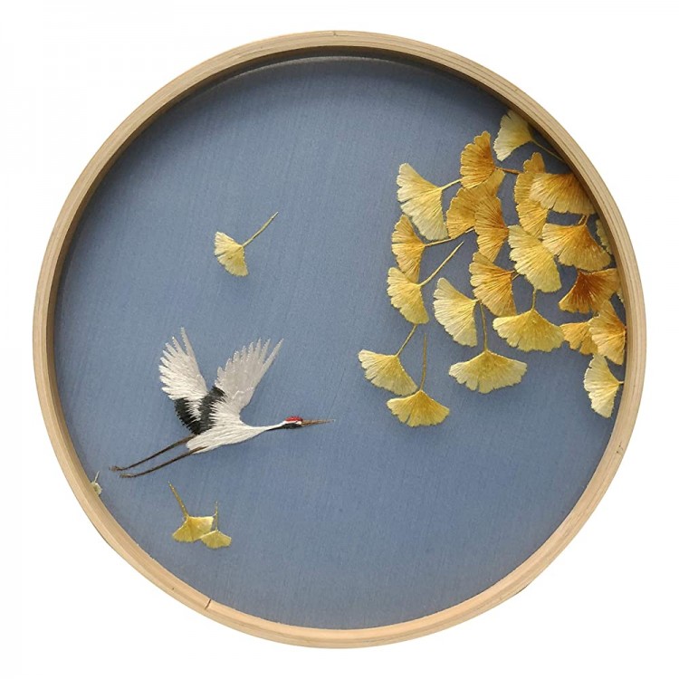 Artsminisce 100% Handmade Silk Embroidery Round Bamboo Framed Japanese Traditional Golden Ginkgo Tree White Crane Oriental Art Asian Home Decoration Artwork Picture Gifts Crafts Decor Wood - BL9O6BSMZ