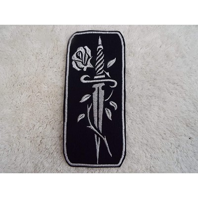Knife Dagger Sword WHITE Rose Black Embroidered Iron-on Patch - B3F7W23PU