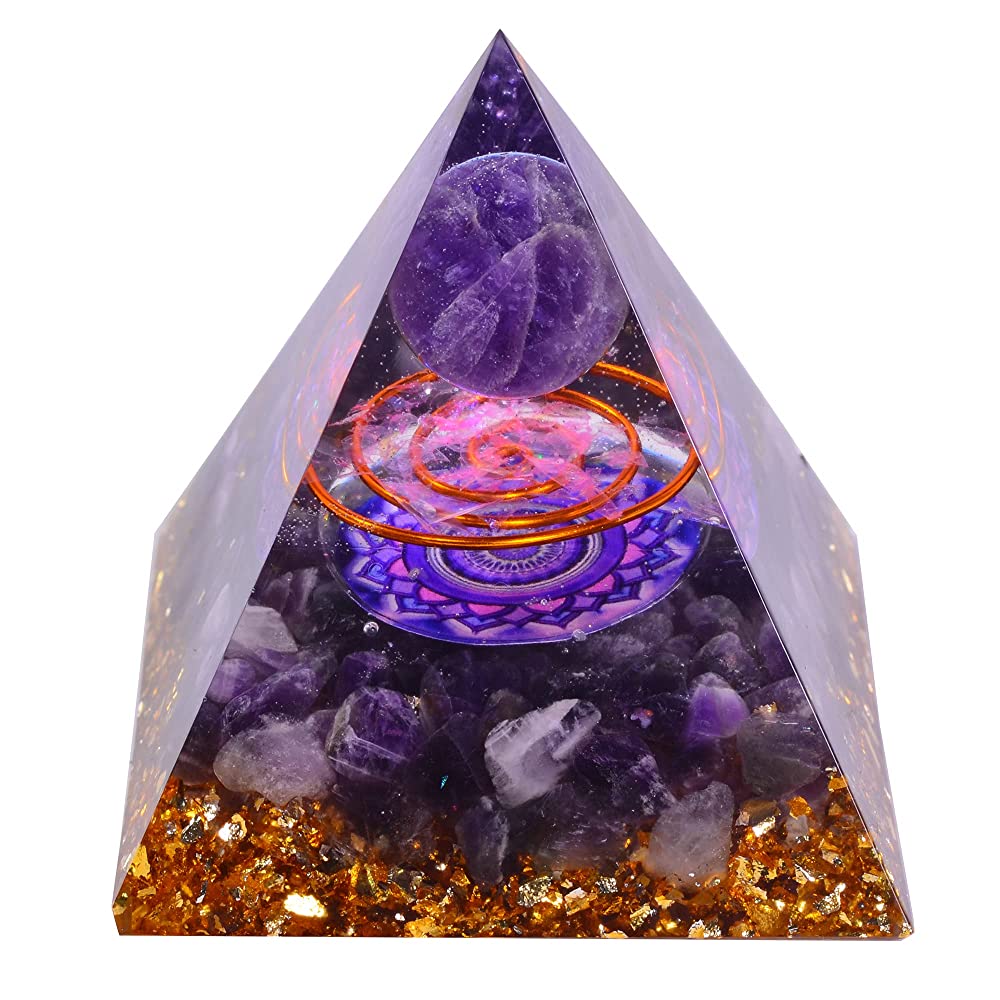 Orgone Pyramid with Healing Crystal Amethyst Sphere, Natural Quartz Gemstone Inspirational Boost Meditation Energy Generator Orgonite Pyramid for Protection Crown Chakra - BWDA5AENZ