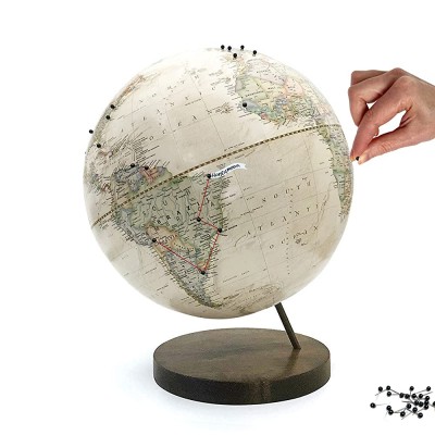 Push Pin Globe Ivory | World Globe with Pins and Stained Wood Base - BSJ783AET