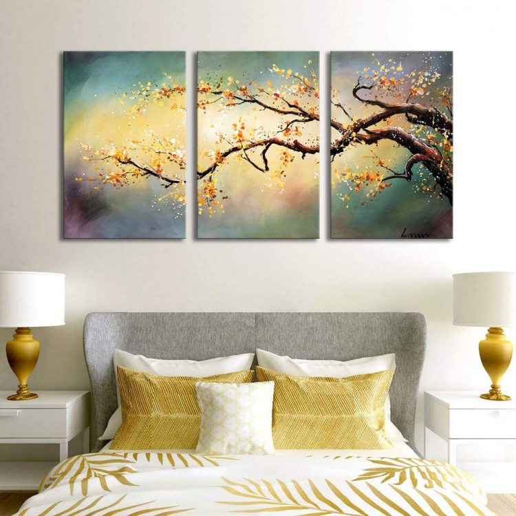 ARTLAND Modern 100% Hand Painted Flower Oil Painting on Canvas Yellow Plum Blossom 3-Piece Gallery-Wrapped Framed Wall Art Ready to Hang for Living Room for Wall Decor Home Decoration 36x72inches - B109QGBKY