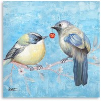 Blue Birds Painting Wall Art: Love Birds on the Branch Floral Painting for Wedding Gift Home Decoration 14"x14"x1 Panel… - BIO7B54NZ