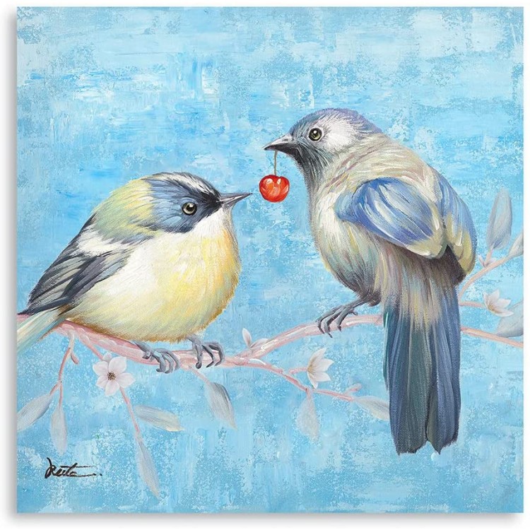 Blue Birds Painting Wall Art: Love Birds on the Branch Floral Painting for Wedding Gift Home Decoration 14x14x1 Panel… - BIO7B54NZ