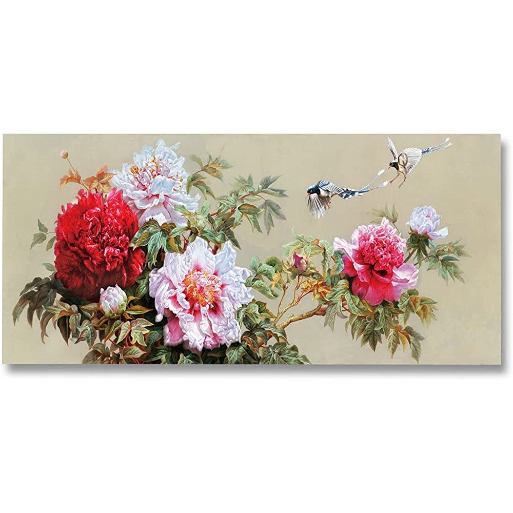 Buutuuce 3D Hand Painted Peony Flowers Birds Oil Painting Living Room Background Wall Office Home Decoration Handmade Painting Transverse Framed Artwork Meeting room canvas hanging painting Room mural - BZ7MWPZ6Q